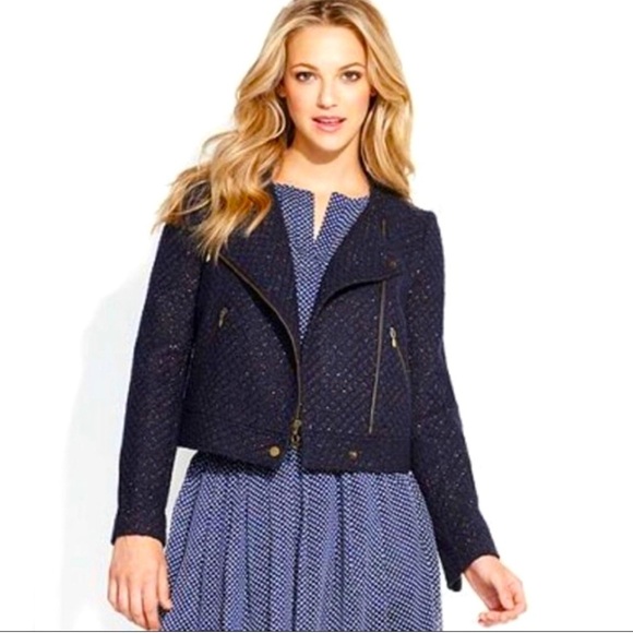 QMack Metallic Tweed Navy Blue Moto Jacket with Working Pockets Size Medium - Picture 1 of 16